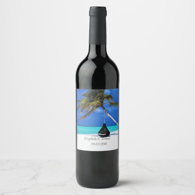 Étiquette Pour Bouteilles De Vin Plage tropicale, Sable, Palm (Devant)
