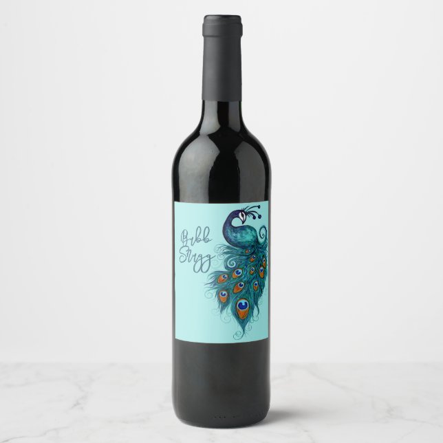 Étiquette Pour Bouteilles De Vin Plumes de paon Peacocks Turquoises (Devant)