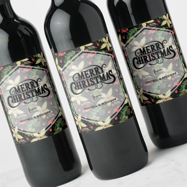 Étiquette Pour Bouteilles De Vin Poinsettia et Berries sur Black (Créateur téléchargé)