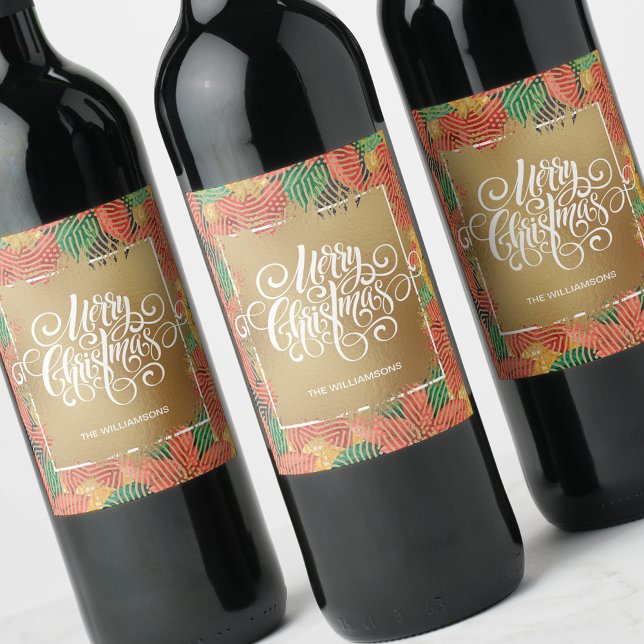 Étiquette Pour Bouteilles De Vin Poinsettias Joyeux Noël en or (Créateur téléchargé)