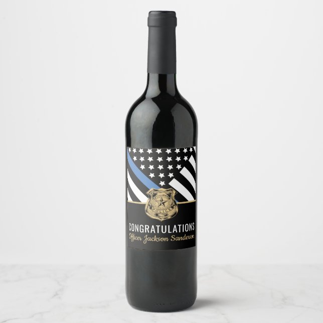 Étiquette Pour Bouteilles De Vin Police Ligne bleue Drapeau Félicitations Retraite (Devant)