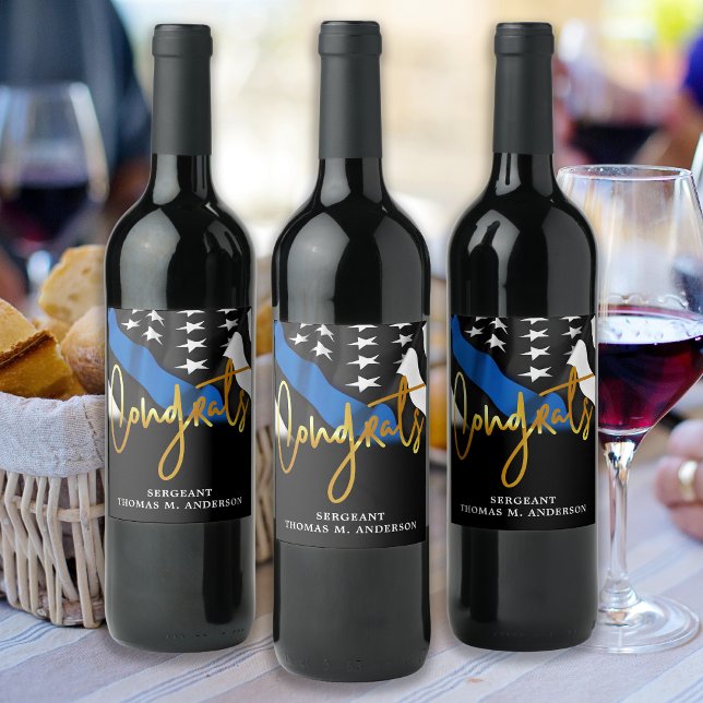 Étiquette Pour Bouteilles De Vin Police Retraite Congrats Gold Mince Ligne bleue (Créateur téléchargé)