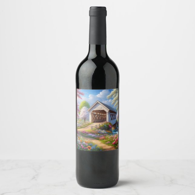 Étiquette Pour Bouteilles De Vin Pont fleuri/ressort coloré et rivière (Devant)