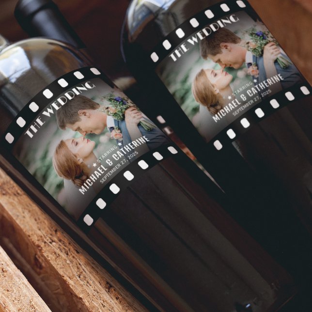 Étiquette Pour Bouteilles De Vin Poster Film Bande Mariage noir et blanc (Créateur téléchargé)