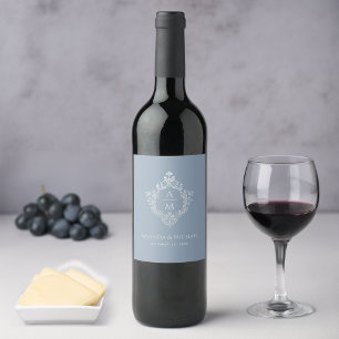 Étiquette Pour Bouteilles De Vin Poussière de mariage Bleu élégant Monogramme vinta