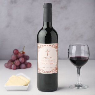 Étiquette Pour Bouteilles De Vin Première communion de fille rose Croix d'or Rose V