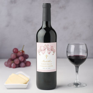 Étiquette Pour Bouteilles De Vin Première communion fille Arche rose Ruban à nœud f