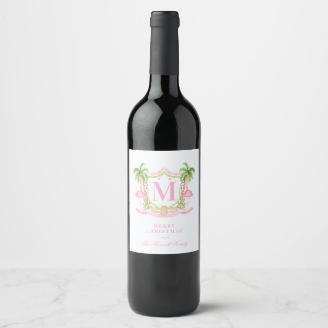 Étiquette Pour Bouteilles De Vin Preppy Flamingo Christmas Crest  (Devant)