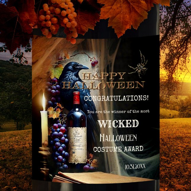 Étiquette Pour Bouteilles De Vin Prix éffrayant du costume d'Halloween en Wicked (Halloween wine label featuring a spooky scene with raven and spider lit by a candle -costume award)