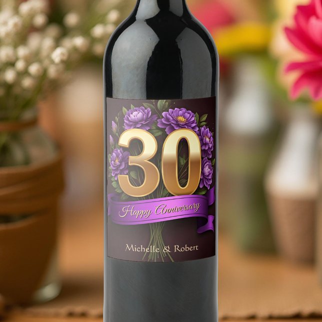 Étiquette Pour Bouteilles De Vin Purple Peony Bouquet Gold 30e anniversaire Mariage (Créateur téléchargé)