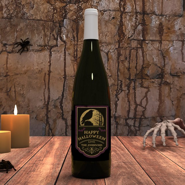 Étiquette Pour Bouteilles De Vin Raven Happy Halloween  (Happy Halloween Wine Bottle with Custom Name)