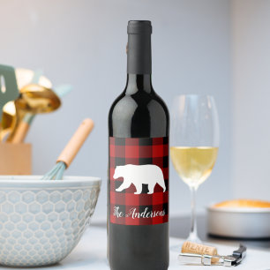 Étiquette Pour Bouteilles De Vin Red Buffalo Plaid & Bear   Nom personnel Cadeau