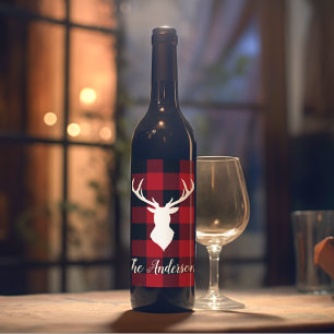 Étiquette Pour Bouteilles De Vin Red Buffalo Plaid & Deer   Nom personnel Cadeau
