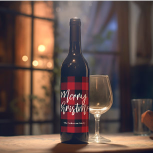 Étiquette Pour Bouteilles De Vin Red Buffalo Plaid & Joyeux Noël  Nom personnel