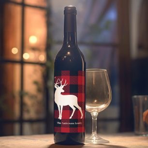 Étiquette Pour Bouteilles De Vin Red Buffalo Plaid & White Deer   Nom personnel