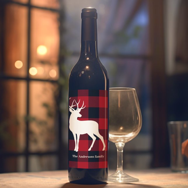 Étiquette Pour Bouteilles De Vin Red Buffalo Plaid & White Deer | Nom personnel (Créateur téléchargé)