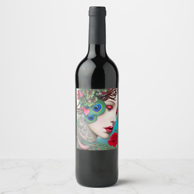 Étiquette Pour Bouteilles De Vin Red Lips et Rose Peacock Abstrait (Devant)