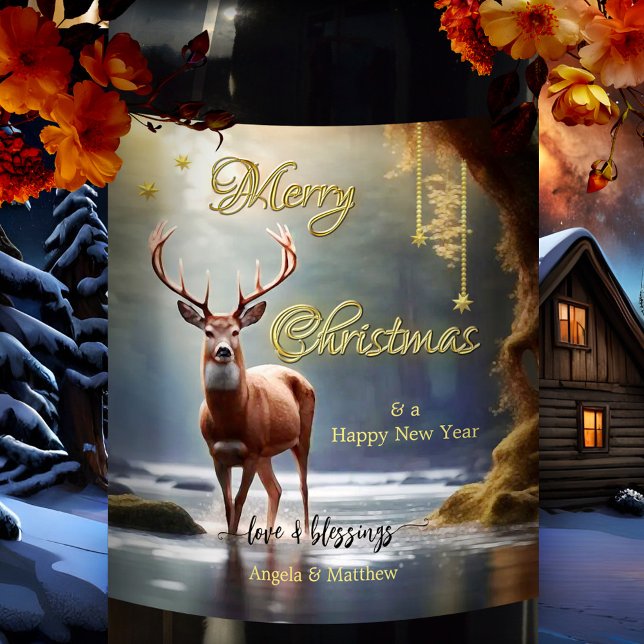 Étiquette Pour Bouteilles De Vin Reindeer Gold Stars Noël (Modern Christmas wine label featuring a reindeer in a river landscape with gold stylized stars)