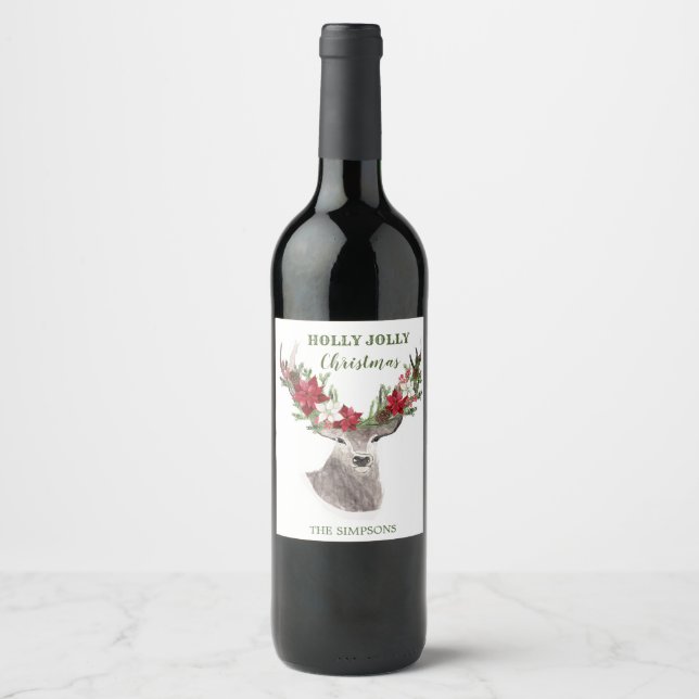 Étiquette Pour Bouteilles De Vin Reindeer, Noël Poinsettia (Devant)