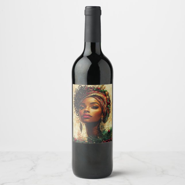 Étiquette Pour Bouteilles De Vin Reine de Noël Afrocentrique (Devant)