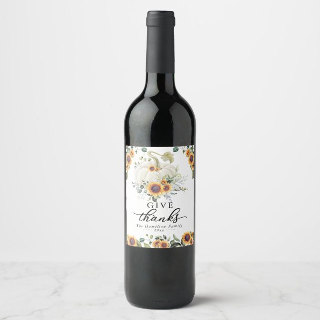 Étiquette Pour Bouteilles De Vin Remercier Sunflowers Citrouille Thanksgiving (Devant)