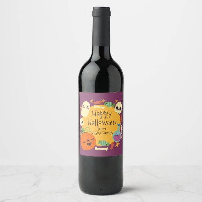 Étiquette Pour Bouteilles De Vin Retro Halloween Éffrayant (Devant)