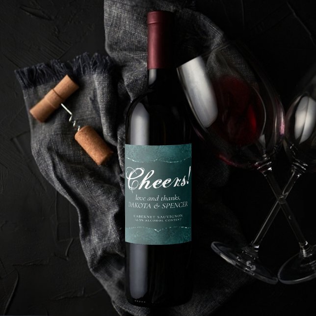 Étiquette Pour Bouteilles De Vin Romance Turquoise de minuit | Satiny Grunge Damask (Créateur téléchargé)