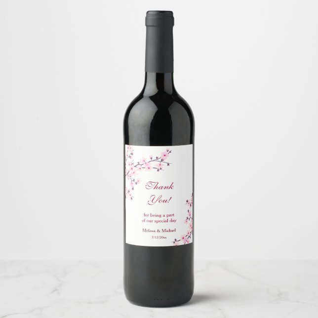 Étiquette Pour Bouteilles De Vin Rose de Cerisier Fleur Blanche Remerciement Mariag (Devant)