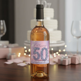 Étiquette Pour Bouteilles De Vin Rose Glamour Bokeh Sequins Argent 50e Anniversaire