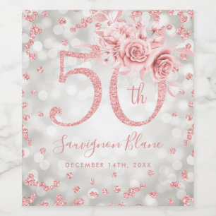 Étiquette Pour Bouteilles De Vin Rose Gold 50e anniversaire Floral Glam Lights Arge