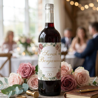 Étiquette Pour Bouteilles De Vin Rose Poussiéreuse Élégante Géométrique Floral Aqua