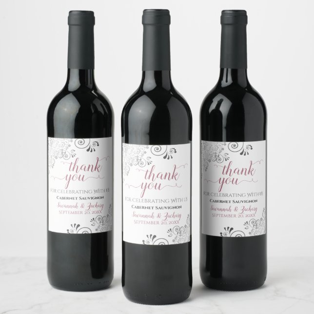 Étiquette Pour Bouteilles De Vin Rose poussiéreux et Merci Mariage blanc en dentell (Bouteilles)
