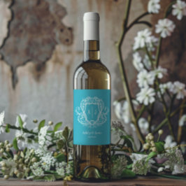 Étiquette Pour Bouteilles De Vin Rose rampante Turquoise Monogramme Blason Mariage