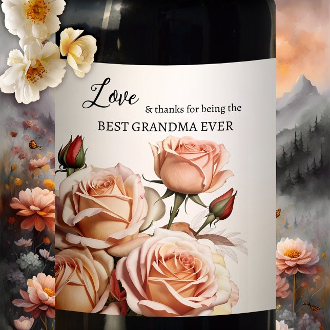 Étiquette Pour Bouteilles De Vin Rose Roses Grand-mère (Wine label featuring pink peach roses. Nice for mom or grandma, for a birthday or Mother's Day)
