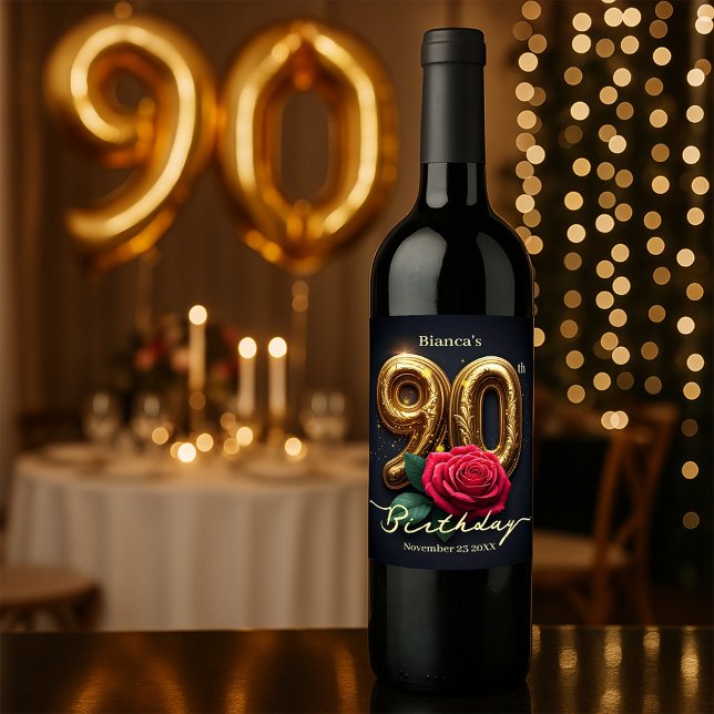 Étiquette Pour Bouteilles De Vin Rose rouge chic sophistiquée Golden 90e anniversai (Créateur téléchargé)