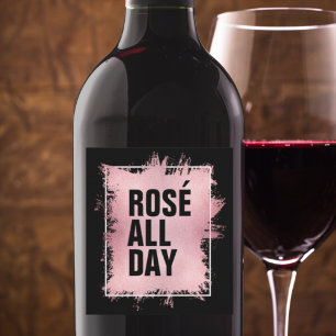 Étiquette Pour Bouteilles De Vin ROSÉ TOUTE LA JOURNÉE Texte Rosé Feuille sur Noir