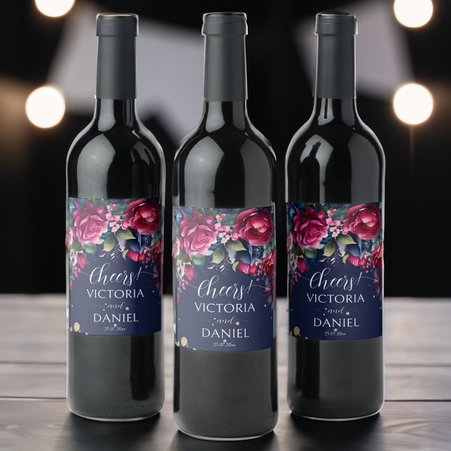 Étiquette Pour Bouteilles De Vin Roses bleu marine rose chaud mariage personnalisé (Navy blue hot pink roses personalized wedding wine label)