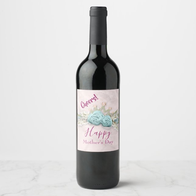Étiquette Pour Bouteilles De Vin Roses bleus et bouquet floral de la Couronne Fête  (Devant)