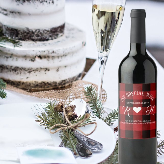 Étiquette Pour Bouteilles De Vin rouge buffle plaid rustique mariage d'hiver (red buffalo plaid rustic winter wedding wine label)