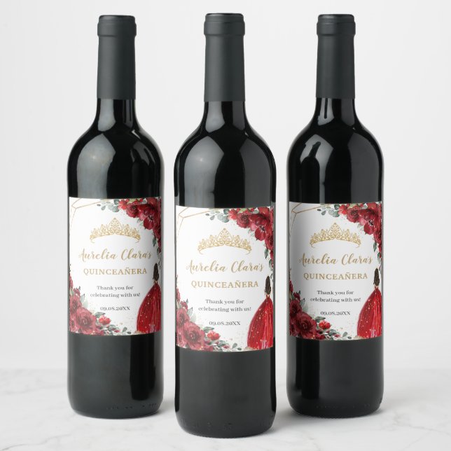 Étiquette Pour Bouteilles De Vin Rouge Floral Princesse Or Quinceañera Anniversaire (Bouteilles)