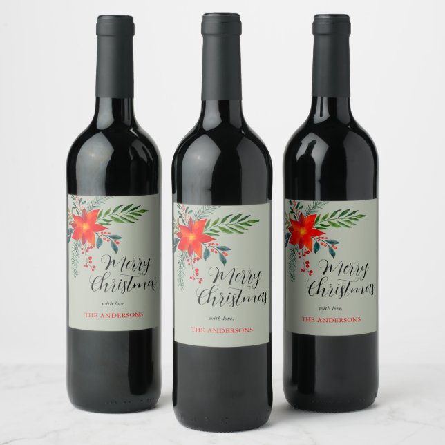 Étiquette Pour Bouteilles De Vin Rouge Poinsettia Joyeux Noël customisé (Bouteilles)