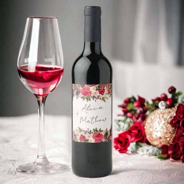 Étiquette Pour Bouteilles De Vin Rouge vert hiver Floral mariage (Red green winter Floral wedding Wine Label)
