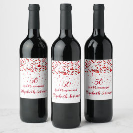 Étiquette Pour Bouteilles De Vin Rubans Rouges & Confetti 50 Et Anniversaire Phénom