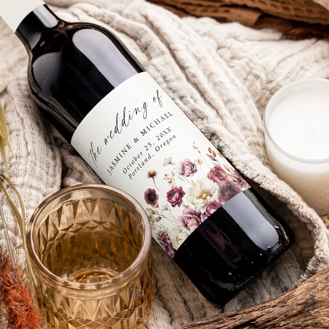 Étiquette Pour Bouteilles De Vin Rustique Automne Marsala Floral Meadow Mariage (Créateur téléchargé)