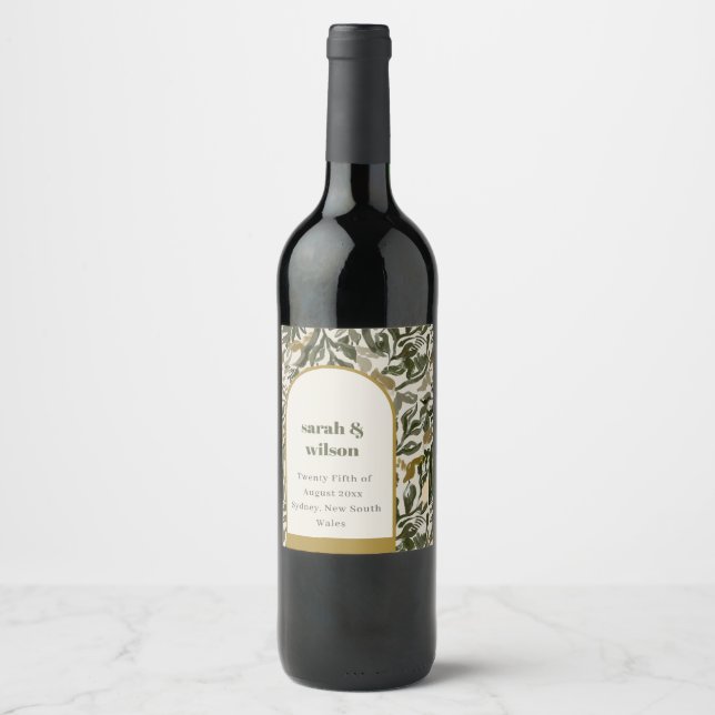 Étiquette Pour Bouteilles De Vin Rustique Boho Retro Arch Mariage botanique vert (Devant)