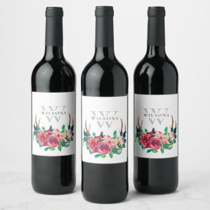 Étiquette Pour Bouteilles De Vin Rustique Boho Rouge Floral Cerf Bois Monogramme