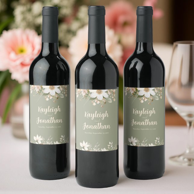 Étiquette Pour Bouteilles De Vin Sage Green Moderne Aquarelle Mariage Floral (Créateur téléchargé)