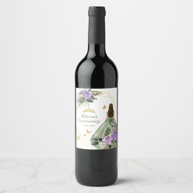 Étiquette Pour Bouteilles De Vin Sage Green Purple Quinceañera (Devant)