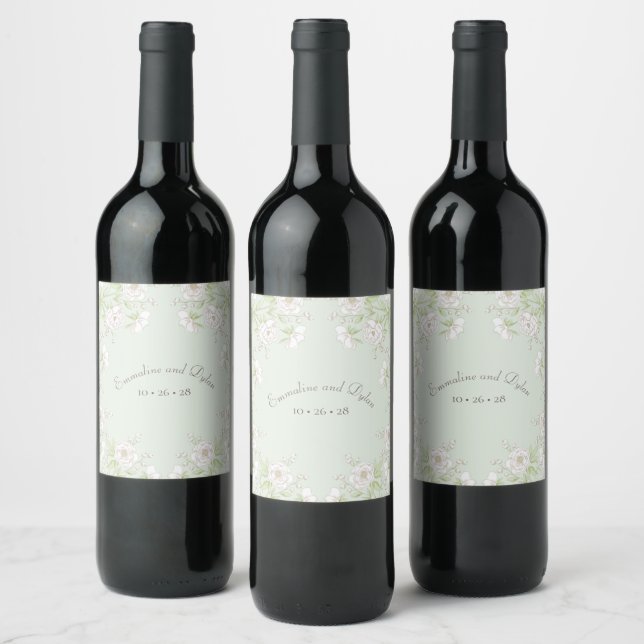 Étiquette Pour Bouteilles De Vin Sage Green White Rose Wedding (Bouteilles)