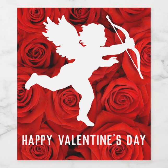 Étiquette Pour Bouteilles De Vin Saint Valentin Cupidon et Roses rouges (Étiquettes simples)